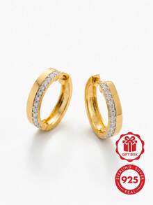 Pendientes de aro elegantes para mujer de plata de ley 925 chapados en oro de 18K con incrustaciones de circonita - pendientes con borde de circonitas pavé - Ver 2