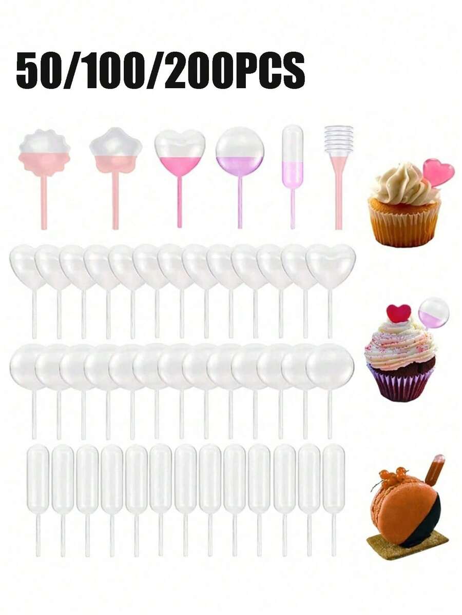 200-50pcs/Set Paper Cup Cake Sauce Dropper, Ice Cream Sauce Injector, Jam Dropper, Straw, Dropper Dessert Decor For Filling Cakes, Suitable For Birthday, Wedding Cake Decoration, Graduation Ceremony And Other Occasions - Multicolor - View 1