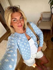 FOR BEAUTY Fall Winter Women Cardigans Y2K Elegant Cute Light Blue Polka Dot Crew Neck Button Down Knit Cardigan Tops Casual Party Going Out Outfits - Blue and White - View 2