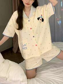 2pcs Women's Pajamas Loungewear Set, Lapel Short Sleeve Plaid Print Pocket Polka Dot Print Shorts, Suitable For Spring And Summer - Yellow - View 2