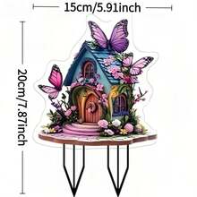 1pc, 2D Flat, Magic Fairy Garden Cottage - Butterfly Cottage Shape, Sturdy Ground Stake Base Suitable For Patio, Balcony Or Garden - Durable Acrylic Structure, - Ideal Gift For Fairy Garden And Magical Landscape - Fantasy Bohemian/Pastoral Style, 2D Flat, - A - View 2