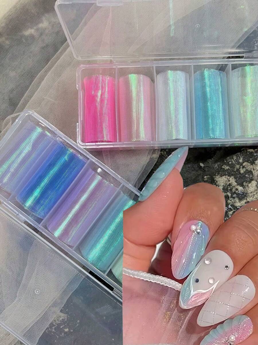 6pcs/Box Luxury Design Nail Foils For Transfer Paper Stickers Sliders Adhesive Nails Wraps DIY Water Marble Mermaid Nail Art Decorations - Multicolor - View 1