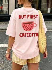 Lustiges Kaffee-Slogan Muster T-Shirt Damen Große Größen Locker Rundhals Kurzarm Kaffeeliebhaber Lässige Mode Minimalistisch Lässiges Top Rosa Sommer - Pink - Übersicht 5