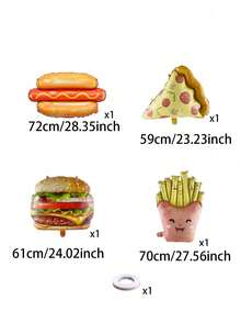 A Set Of 5 Balloons Featuring Burgers, Pizzas, Chips And Hot Dogs, Ideal For Birthday Parties, Picnics, Food-Themed Events, Children's Parties, Restaurant Photo Opportunities, Festive Decorations And Whimsical Party Decorations. - Food Balloons - View 2