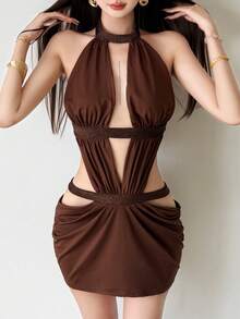 Top Dazzle Women's Glamorous Knit Halter Neck Mini Dress, Hollow Back Design, Creating Fashionable Look - Brown - View 6