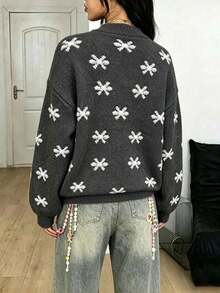 Autumn/Winter Snowflake Print Round Neck Button Long Sleeve Cardigan Sweater Jacket, Fashionable Elegant Minimalist Lazy Loose Versatile Elegant Knitwear - Grey - View 2
