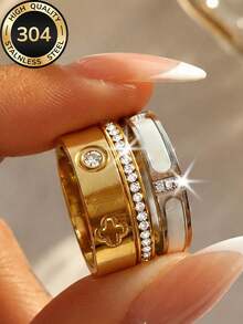 3pcs/Set Women's European & American Vintage Fashion Versatile White Edge Rings, Gold & Silver Dual Color Stackable Set, 304 Stainless Steel, Waterproof & Hypoallergenic, Suitable For Work, Commute, Banquet, Party, Vacation, Casual, Couple Anniversary Gift, Halloween, Christmas Gift - Mixed Colors - View 9