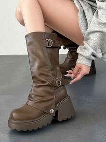 Multi-Buckle Ruched Thick Sole Knee-High Boots, Plus Size Women's Vintage Autumn/Winter Street Rider Boots - Khaki - View 7