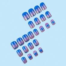 24pcs Short Purple-Blue Gradient Minimalist French Glitter Square Nails + 1pc Jelly Glue + 1pc Nail File - 彩色 - 查看 8