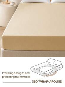 1pc Solid Color 25cm Deep Pocket Fitted Sheet, Soft & Breathable Mattress Protector, Suitable For All Bed Sizes, Dorm & Home Bedding Decor - Beige - View 5