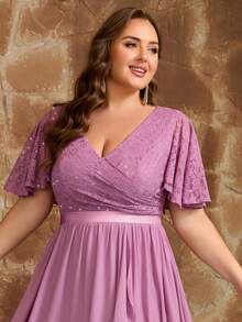 Plus Size Women's V-Neck Lace Chiffon High-Low Bridesmaid Dress, Elegant Wedding Guest Cocktail Party Dress With Shiny Ruffle Hem - Mauve Purple - View 10