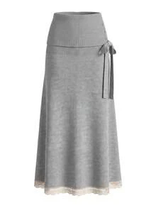 Elegant Women's Knitted Midi Dress, Grey Medium Stretch Fabric, Decorated With Exquisite Lace Hem, Autumn Fashion Choice - Grey - View 9