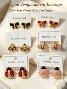 6/3pcs Gold Women's Earring Set, Fashion Party, Travel Vacation, Engagement Gift, Suitable For Various Occasions, High-Quality Stainless Steel Earrings, Including Butterfly, Bee, Ladybug Shaped Studs, Multiple Styles, Low-Allergenic Earring Set, Cute Versatile Elegant Style, Best Gift Choice For Female Friends On Holidays - Oil Dripping Kit - View 2
