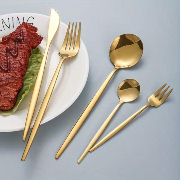 Gold-Plated Stainless Steel Dinnerware Set, Consisting Of 5 Pieces/60 Pieces/90 Pieces/100 Pieces, Suitable For Use At Weddings, Hotels, Restaurants, Kitchens, Parties, Christmas Gifts, And Stationery Items.