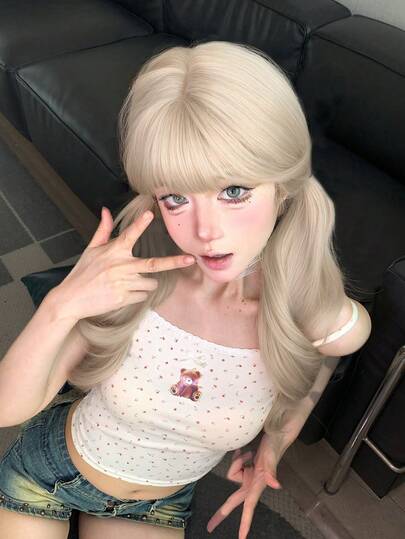 alicegarden 24 tum lång syntetisk peruk med naturlig vågig stil i en fantastisk guldfärg. Designad med lugg, denna falska hårdel är perfekt för daglig användning, fest och cosplay, och erbjuder en naturlig och hållbar perukgåva för damer. (Inga tillbehör)