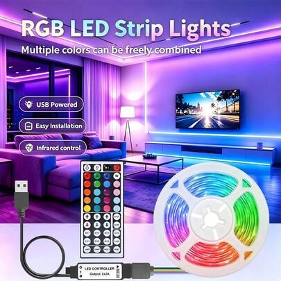 Dây đèn LED RGB kèm điều khiển từ xa 44 phím, cấp nguồn USB, tự dính và có thể cắt, dễ lắp đặt, lý tưởng trang trí phòng ngủ, phòng khách, Halloween, đám cưới và lễ hội