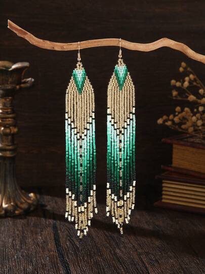 SOUL BEADING 1 Pair Long Vintage Earrings, Women's Tassel Drop Earrings, Hypoallergenic Earrings, Bohemian Style, Peacock Green, Gradient Geometric Irregular Pattern, Elegant Elegant Fashion Accessory, Suitable For Vacation, Party, Photography, Casual Daily Wear, Holiday/Daily Gift, Handmade Beaded Tassel Earrings