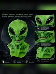 1pc New Green Alien Latex Mask, Halloween New Alien UFO Horror Mask Head Cover - Multicolor - View 3