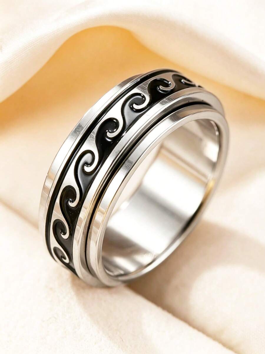 1 chiếc nhẫn xoay họa tiết sóng bằng thép không gỉ, trang sức giảm căng thẳng phù hợp cho nam và nữ, đeo hàng ngày, quà tặng ngày lễ tình nhân - Bạc - Xem 1