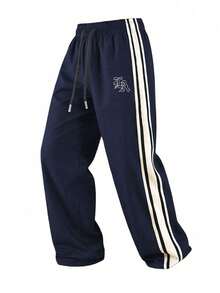 Pantalones largos casuales de pierna recta con cintura con cordón, bolsillos y estampado de letras a rayas para hombre, primavera/otoño - Azul Marino - Ver 3