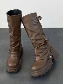 Multi-Buckle Ruched Thick Sole Knee-High Boots, Plus Size Women's Vintage Autumn/Winter Street Rider Boots - Khaki - View 2