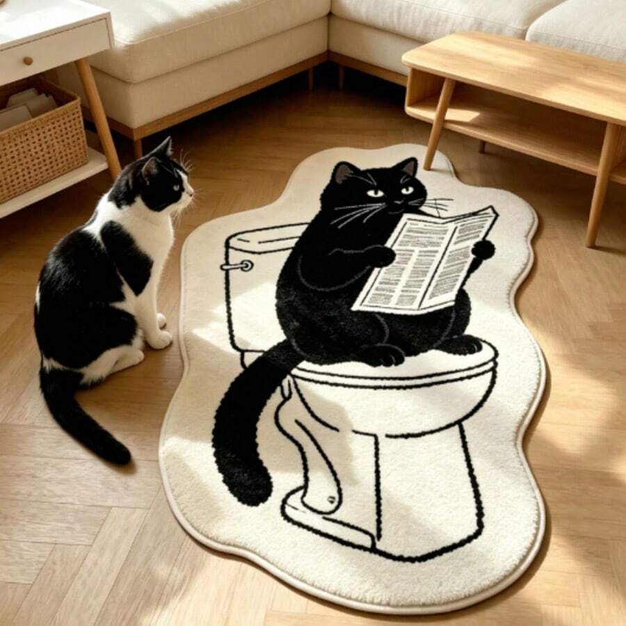 1pc Cat Sitting On Toilet Reading Book Bath Mat, Bathroom Rug, Door Mat, Small Rug, Carpet, Floor Mat, Home Decor, Area Rug, Outdoor Mat, Bedroom Carpet, Washable Rug - Multicolor 3 - View 1