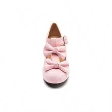 Women's Bow T - Strap Mary Jane Pumps, 2.56 Inch Block Heel, Double Bows, Buckle Closure - 10 + Pink Suede - View 5