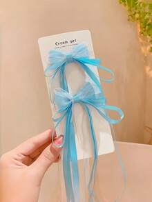 2Pcs Women Macaron Long Ribbon Bow Hair Clips, Fairy Side Bang Hair Barrettes - Multicolor - View 9