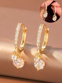 1 Pair Luxury Full Rhinestone Thin Hoop Triple Circle Single Layer Pendant Earrings, Suitable For Women's Evening, Commute And Daily Wear - Circle - View 2