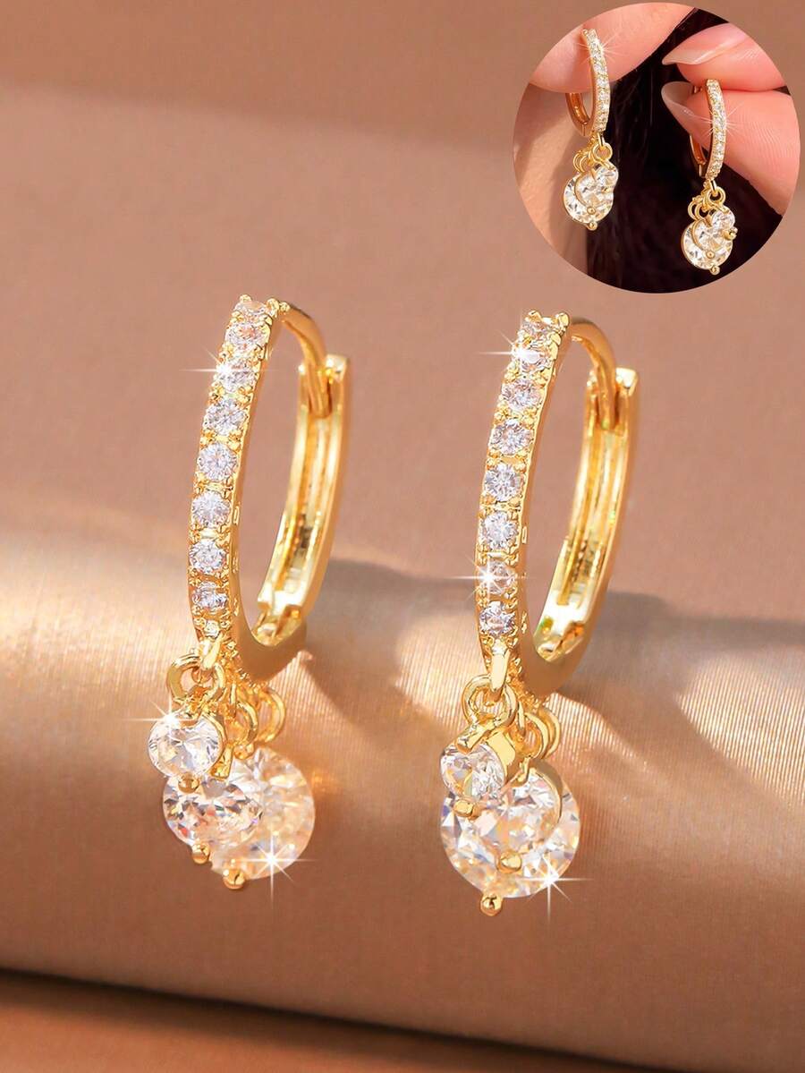 1 Pair Luxury Full Rhinestone Thin Hoop Triple Circle Single Layer Pendant Earrings, Suitable For Women's Evening, Commute And Daily Wear