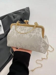 Dedoo 女款晚宴手拿包，柔軟弧形框架包，東方優雅手提包，適合婚禮、茶會、新娘場合（隨機花紋） - 銀色 - 查看 4