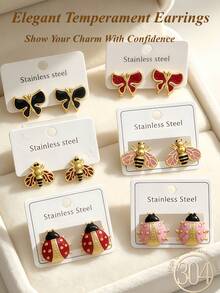 6/3pcs Gold Women's Earring Set, Fashion Party, Travel Vacation, Engagement Gift, Suitable For Various Occasions, High-Quality Stainless Steel Earrings, Including Butterfly, Bee, Ladybug Shaped Studs, Multiple Styles, Low-Allergenic Earring Set, Cute Versatile Elegant Style, Best Gift Choice For Female Friends On Holidays - Oil Dripping Kit - View 1