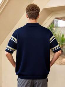 Whitmere Men's New Casual Loose Minimalist Solid Striped Shirt, Korean Retro Versatile Commuting Elegant Slouchy American Streetwear Style Polo Collar Button - Navy Blue - View 2