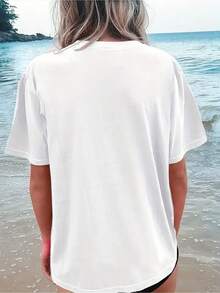 T-shirt con stampa grafica e spalle scese, manica corta, girocollo, top casual per primavera ed estate, abbigliamento donna, t-shirt unisex in cotone - Bianco - Visualizzare 2