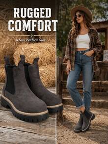 Autumn/Winter New Gray Suede Thick Sole Chelsea Ankle Boots, Slouchy Slip-On Design Height-Increasing Platform Boots, Wear-Resistant Non-Slip Rubber Sole Street Style Versatile Cylinder Boots - Grey - View 3