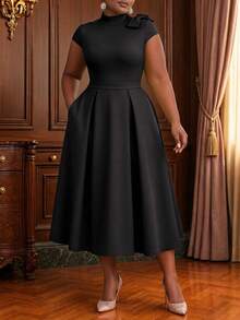 NOU Elegant Lady Style Bow Tie Small Stand Collar Cap Sleeve Short Sleeve A-Line Waist-Defining Mid-Length Dress For Women, Flattering Proportion, - Black - View 4