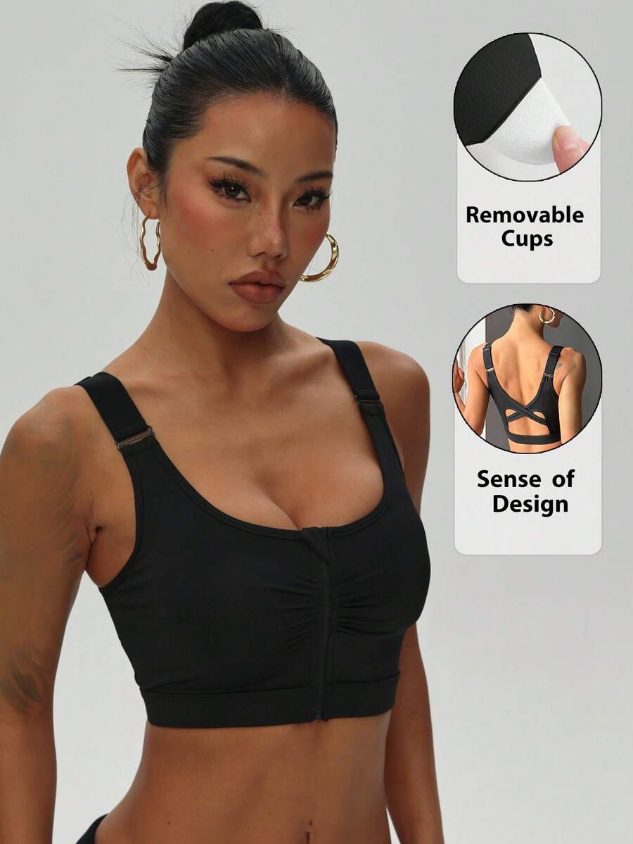 Women's Solid Color Removable Padded Zipper Collar Criss-Cross Back Sports Knit Bra Black - Black - View 1