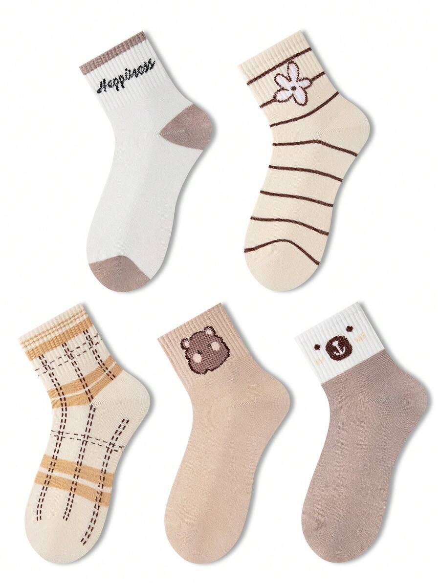 ZUJO 5 Pairs Women's Mid-Calf Socks, Cartoon Bear & Stripe & Floral & Letter & Plaid Pattern, Suitable For Daily Wear, Simple And Comfortable, Random Color - Multicolor - View 1
