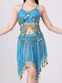 2pcs Belly Dance Costume Set Sequin Coin Tassel Halter Top + Sequin Coin Tassel Skirt, Flamenco Outfit, Suitable For Halloween, Carnival, Holiday, Rave, Festival, Stage Performance, Birthday Party, Dinner, Nightclub, Night Wear, Performance Dress - Multicolor - View 18