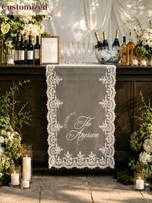 Customizable Table Runner, White Floral Lace Edge Sheer Fabric, Burgundy Red Ink Print, Autumn Wedding Bar Decor, Outdoor/Indoor Wedding Reception Backdrop Prop - Multicolor - View 3