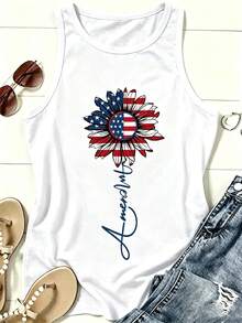 Women Sleeveless Tank Top, American Flag Daisy Patriotic Print Loose Vest, Casual White Summer Tops, 4th Of July Independence Day Daily Vacation - 白色5 - 查看 1