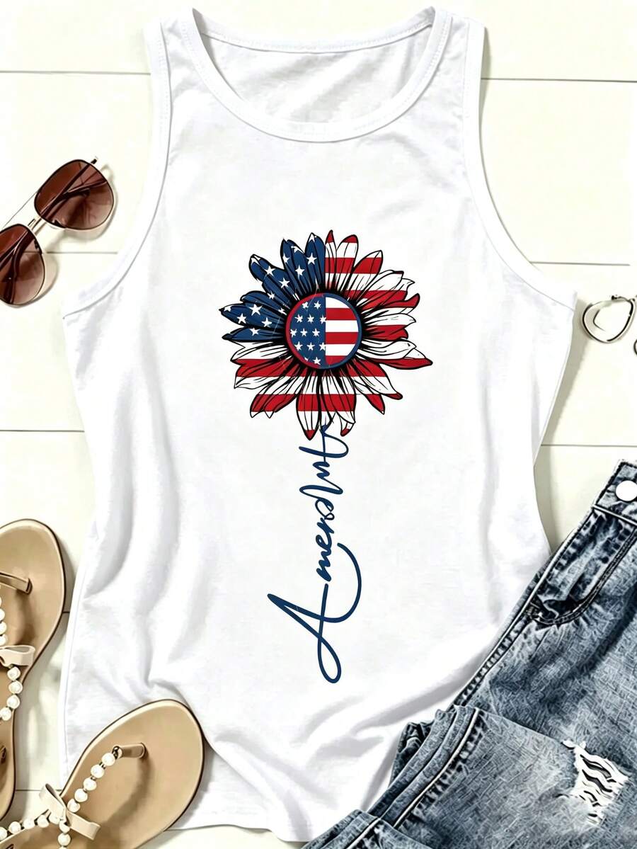 Women Sleeveless Tank Top, American Flag Daisy Patriotic Print Loose Vest, Casual White Summer Tops, 4th Of July Independence Day Daily Vacation - 白色5 - 查看 1