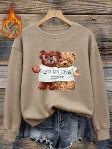Plus Size Comfortable Best Friend Print Pullover Faux Sweater, Round Neck Drop Shoulder Long Sleeve, Suitable For Women's Autumn Top - Camel - View 2
