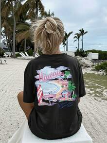 [Double-Sided Print] Women's Spring And Summer Clothing, Hawaiian Style, Surfboard And Palm Tree Design, Casual Vacation Fashion, Round Neck - Black - View 3