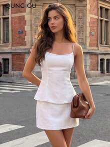 QUNGIGU Women Two Pieces Set Spaghetti Strap Top High Waisted Skirt Casual Summer Outfits For Going Out Dating - White - View 3