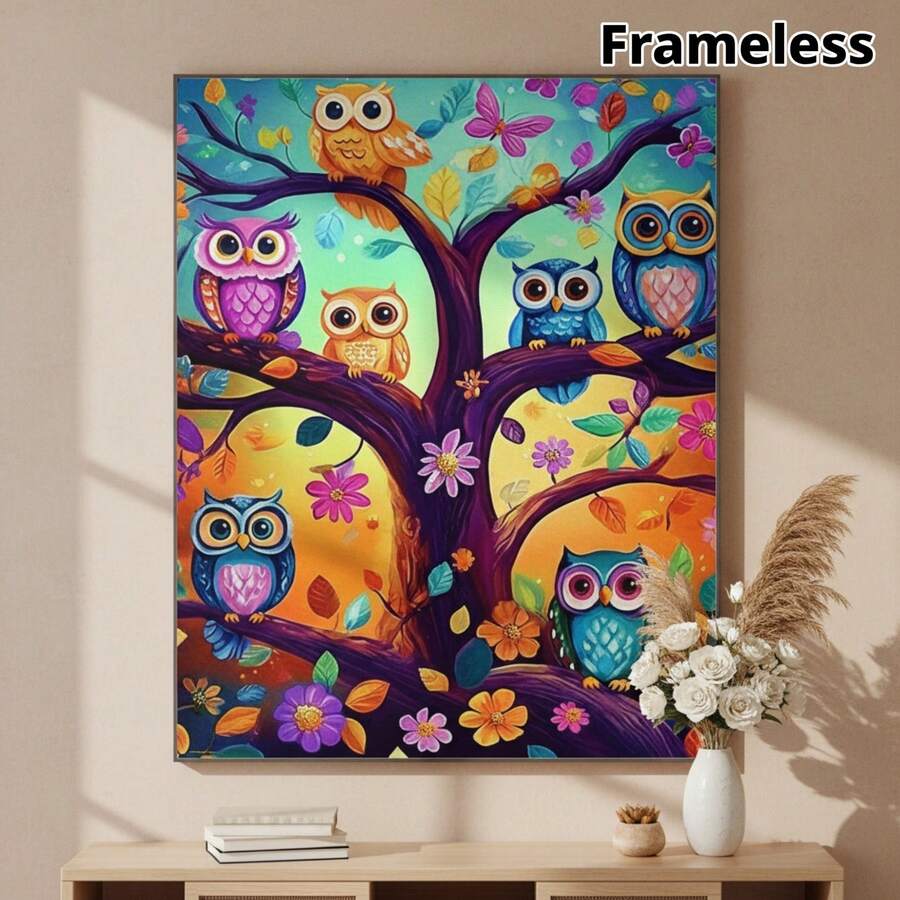 1 Set 5D Diamond Painting Kit Quirky Owl On Branch, 40*50cm_15.75*19.68in Full Drill With Tools, Vibrant Color Canvas, Suitable For Beginners, - View 1