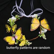 1件波希米亞風蝴蝶與花卉花環，可調節緞帶花冠，適合海灘、攝影（隨機蝴蝶圖案） - 彩色 - 查看 15