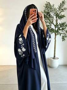 Abaya Depan Terbuka Bordir dengan Hijab Senada, Mantel Panjang Lengan Kelelawar yang Sopan, Bordir Bunga Elegan, Potongan Longgar, Pakaian Sehari-hari Wanita Muslim - MultiWarna - View 2
