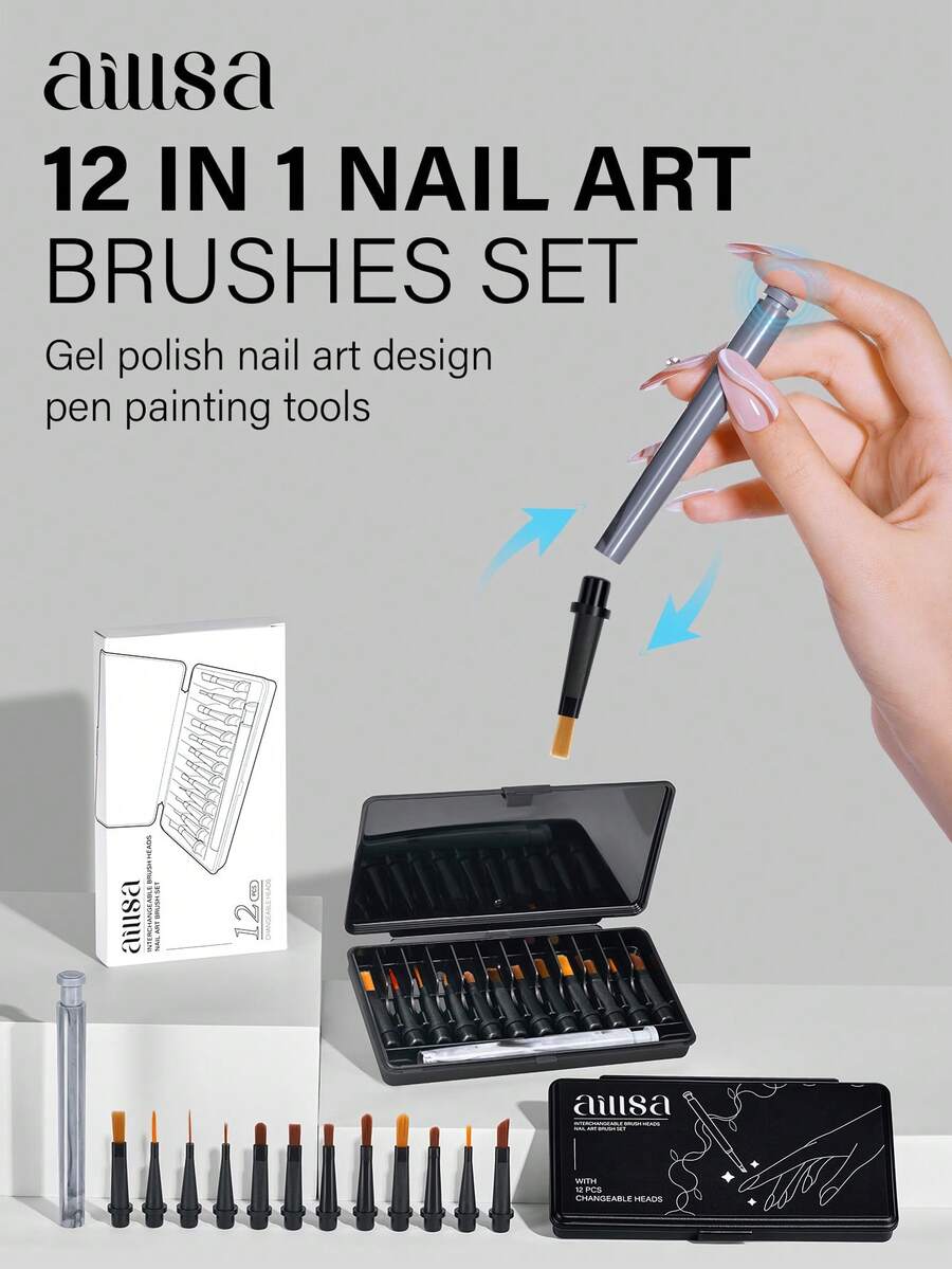 AILLSA 12Pcs/Set Grey Handle Nail Art Striping Brush Nail Design ...