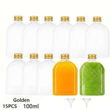 15個100ML果汁瓶，附蓋空塑膠瓶，可重複使用飲料容器，塑膠飲料瓶，適用於果汁、奶昔、康普茶、自製飲品，適合生日、婚禮、派對、秋季郊遊、野餐、露營 - 透明-2 - 查看 16